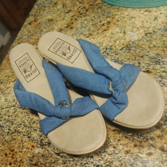 Women's Shoes US 11 Island Slipper Suade Thong Wedge Sandals Blue Fabric Slide - Picture 2 of 11